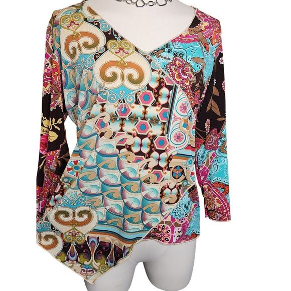 Y2k Caia Asymmetrical Long Sleeve Colorful Paisley Rose Floral Geometric Top L - Picture 3 of 8